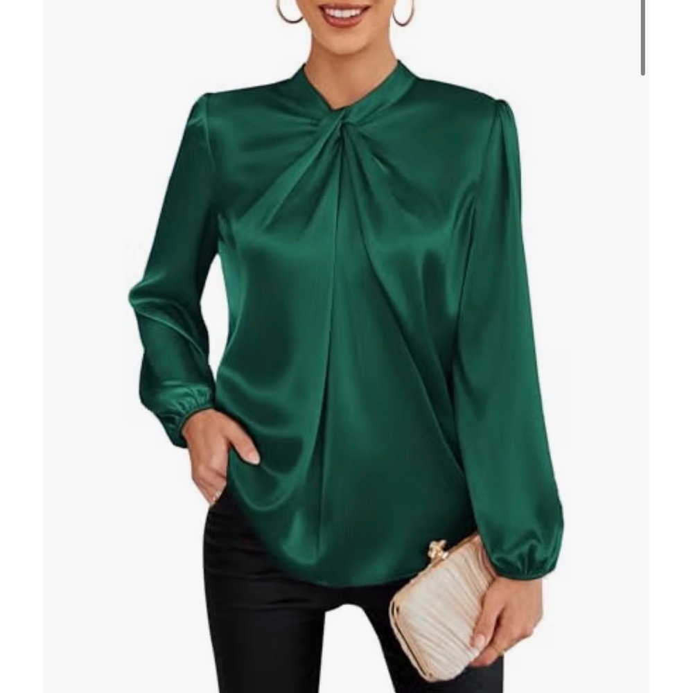 Grace Karin Dark Green Satin Twist Front Lantern Sleeve Blouse Top Large